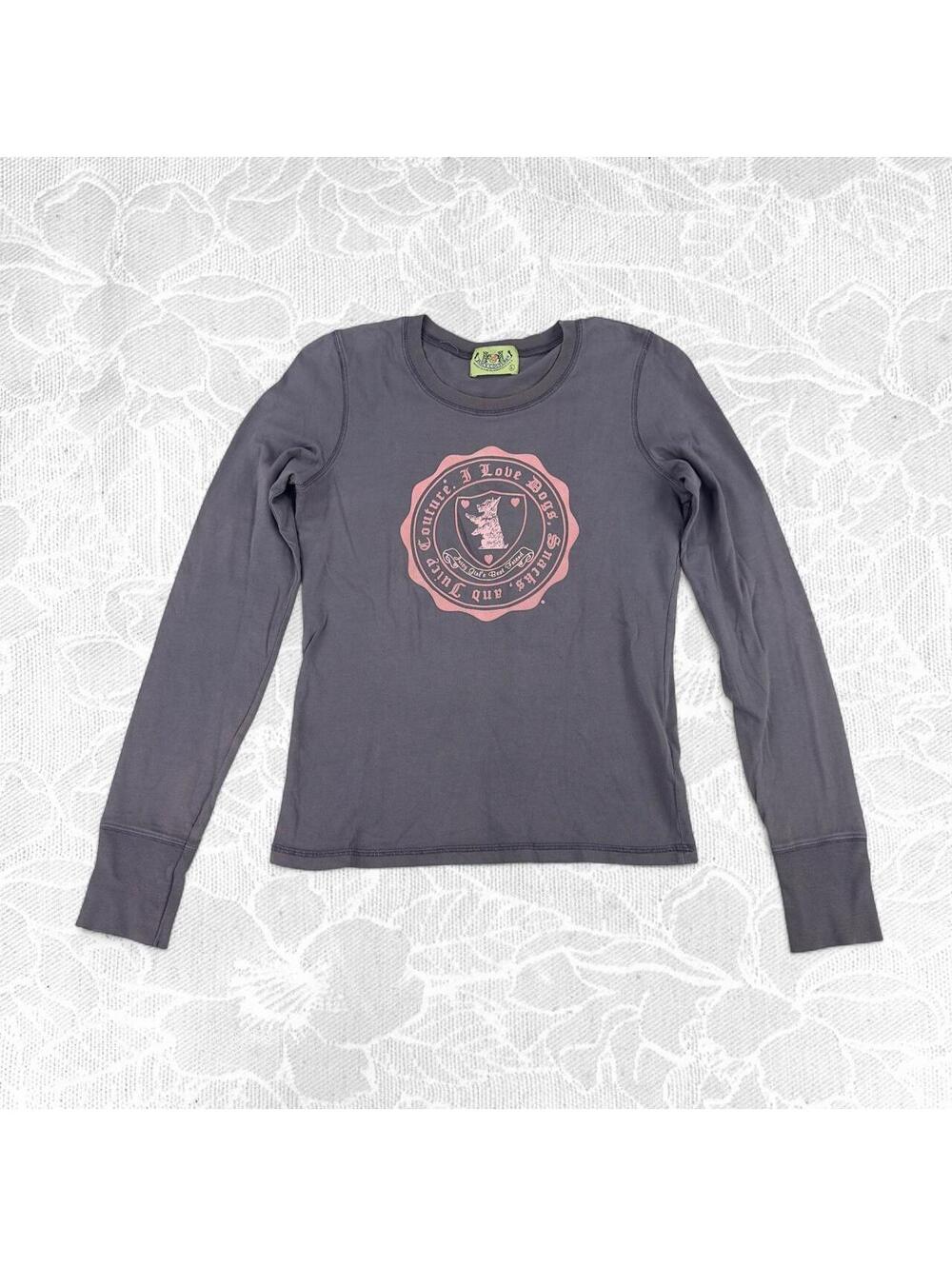 Juicy Couture Gray and Pink Graphic Y2K Long Sleeve  T-Shirt - Large